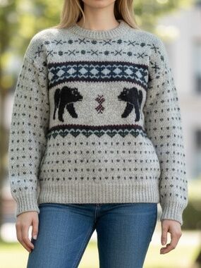 Woolrich Vintage Crew Neck Wool Bear geometric Pattern Christmas Sweater Sz S